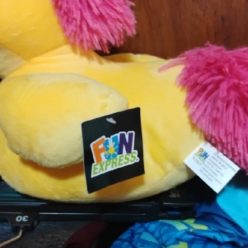 Yellow Plush Unicorn Duck Toy with Pink Mane and Silver Horn